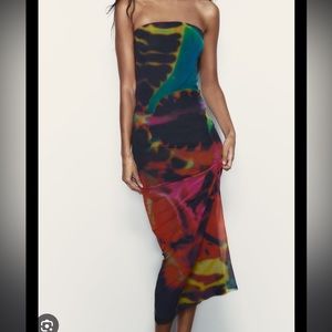 Zara Tie Dye Mesh Bodycon Strapless Dress